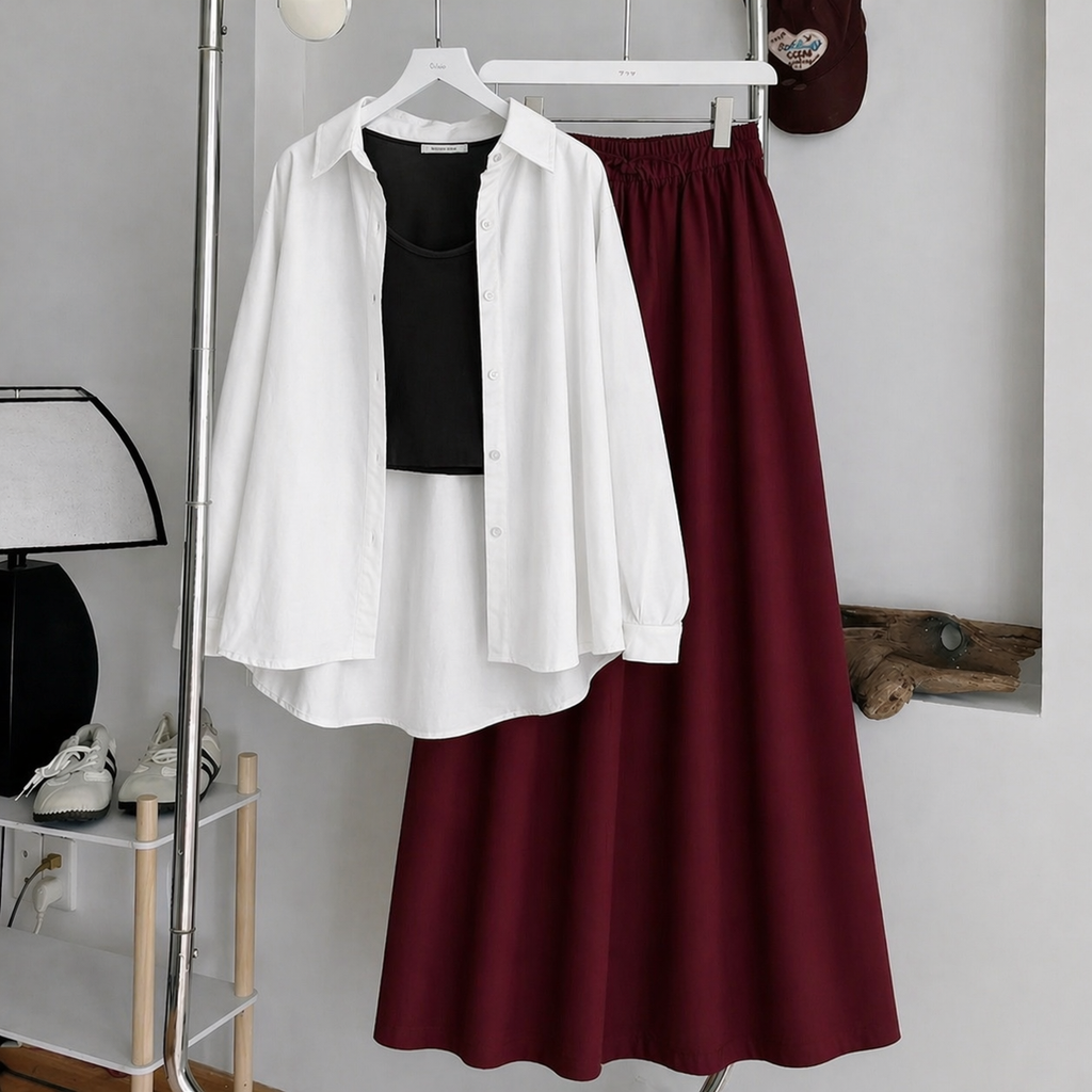 White Button Down Shirt With Black Inner & Maroon Maxi Skirt