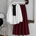 White Button Down Shirt With Black Inner & Maroon Maxi Skirt