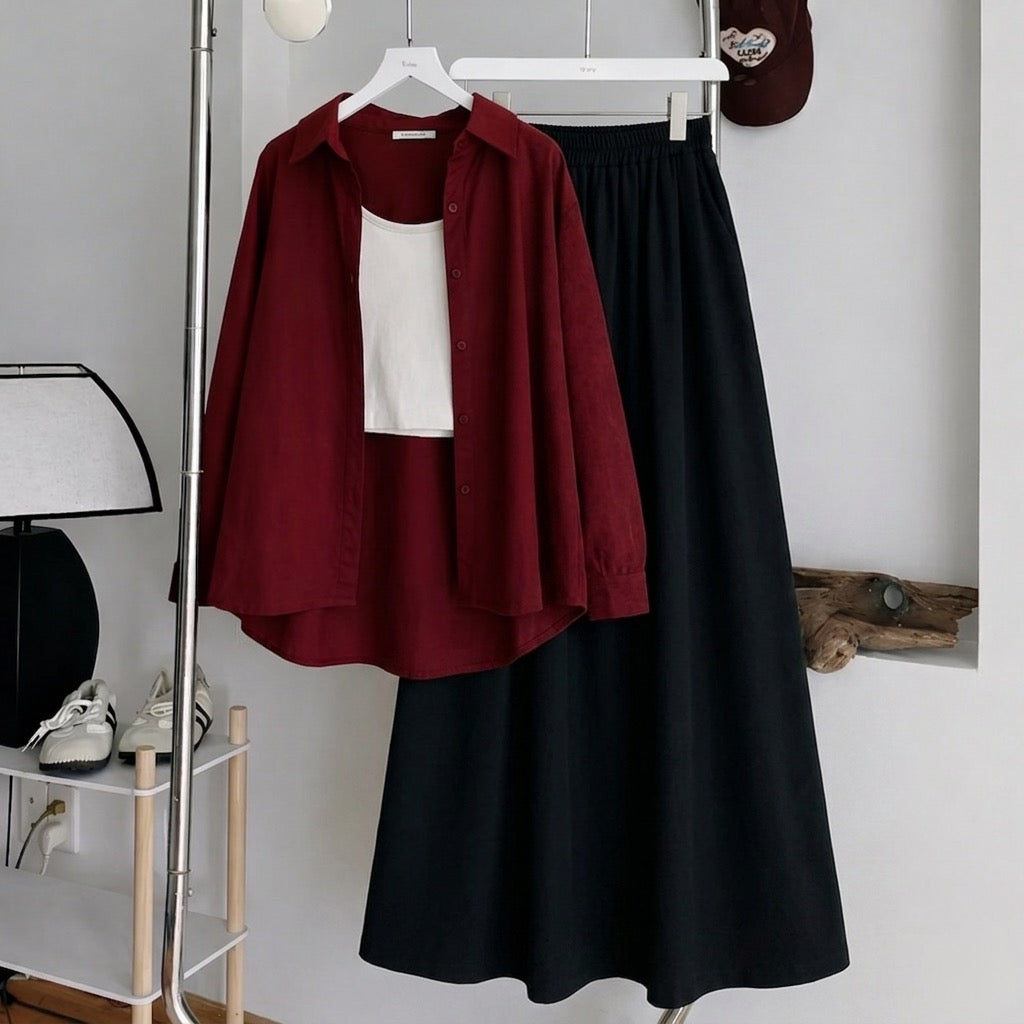 Maroon Button Down Shirt With White Inner & Black Maxi Skirt