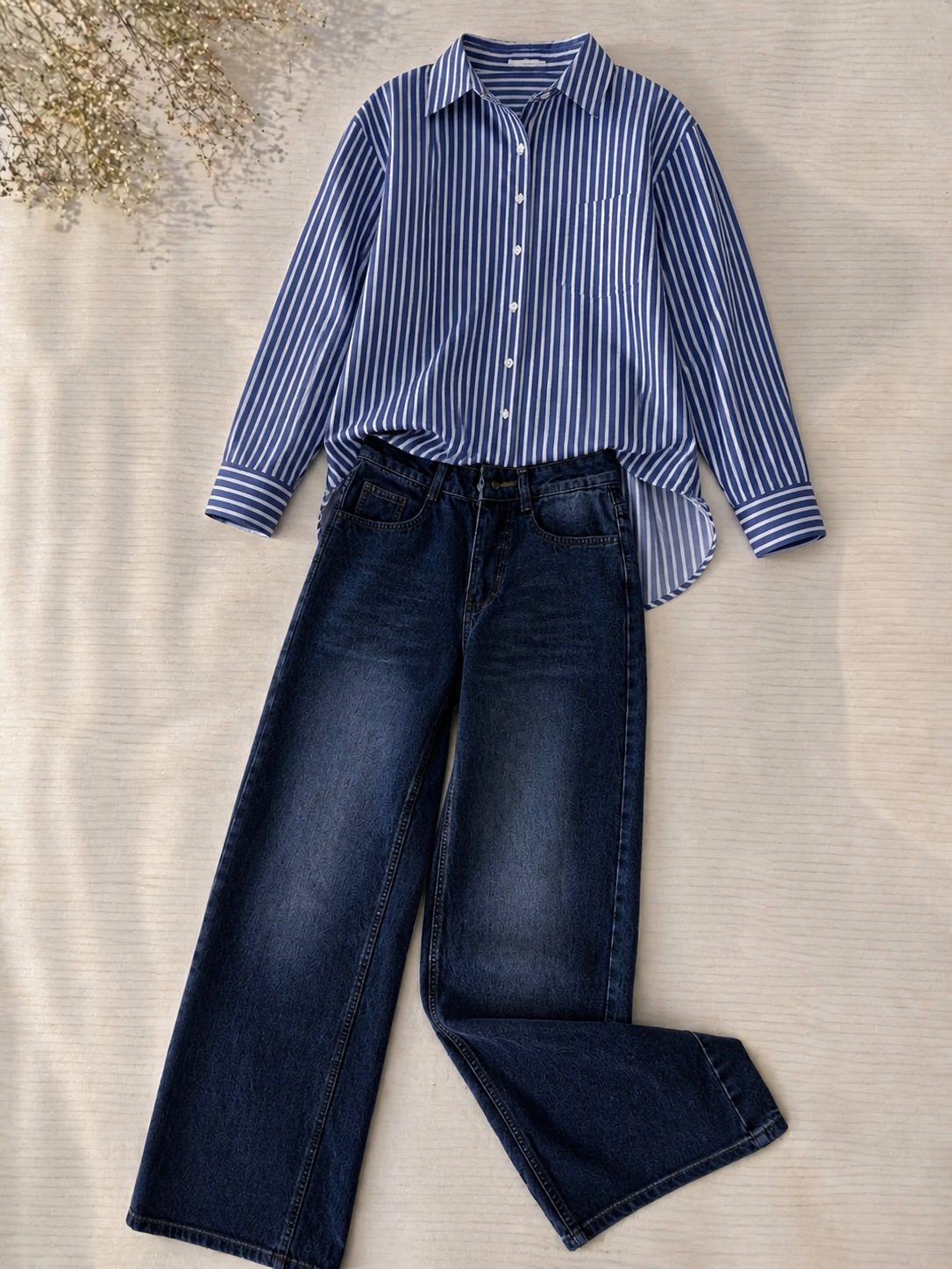 Blue Stripe Button-Down Shirt & Dark-Blue Vintage Wide Leg Jeans