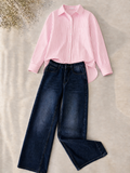 Baby-Pink Stripe Button-Down Shirt & Dark-Blue Vintage Wide Leg Jeans