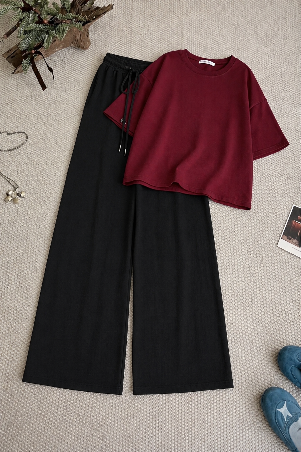 Maroon Baggy Drop Shoulder Tee & Black Flapper Trouser