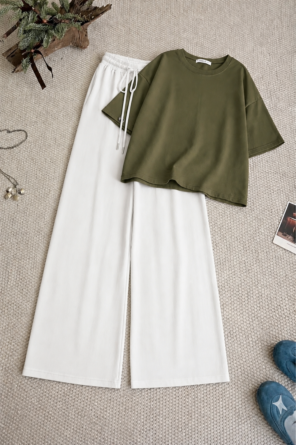 Olive-Green Baggy Drop Shoulder Tee & White Flapper Trouser