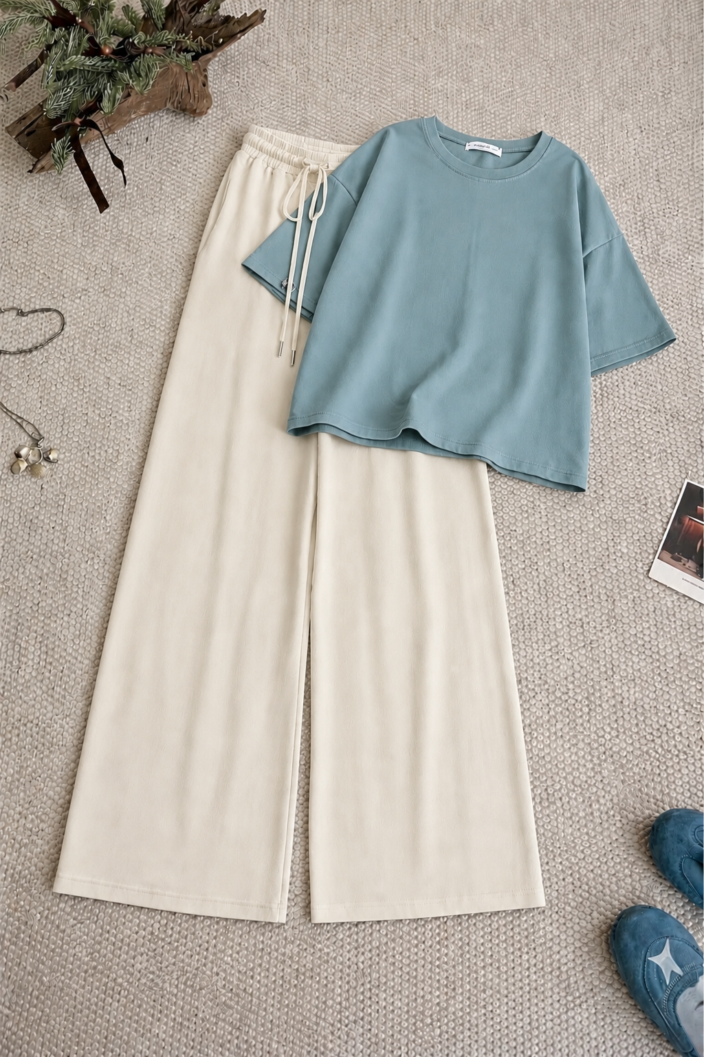 Sky-Blue Baggy Drop Shoulder Tee & White Flapper Trouser