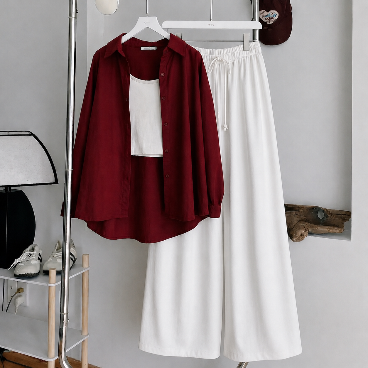Maroon Button Down Shirt With White Tank Top & White Flapper Trouser