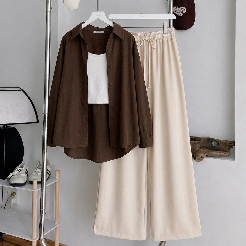 Brown Button Down Shirt With White Tank Top & Beige Flapper Trouser