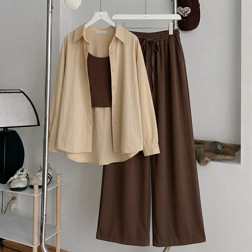 Beige Button Down Shirt With Brown Tank Top & Brown Flapper Trouser