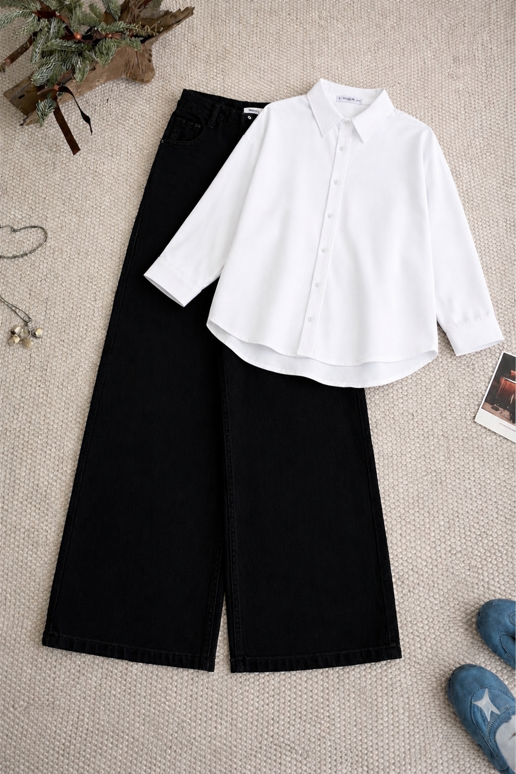 White Button Down Shirt & Black Wide Leg Jeans