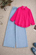 Hot-Pink Button Down Shirt & Ice-Blue Wide Leg Jeans