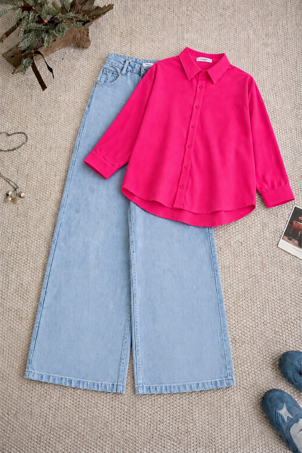 Hot-Pink Button Down Shirt & Ice-Blue Wide Leg Jeans