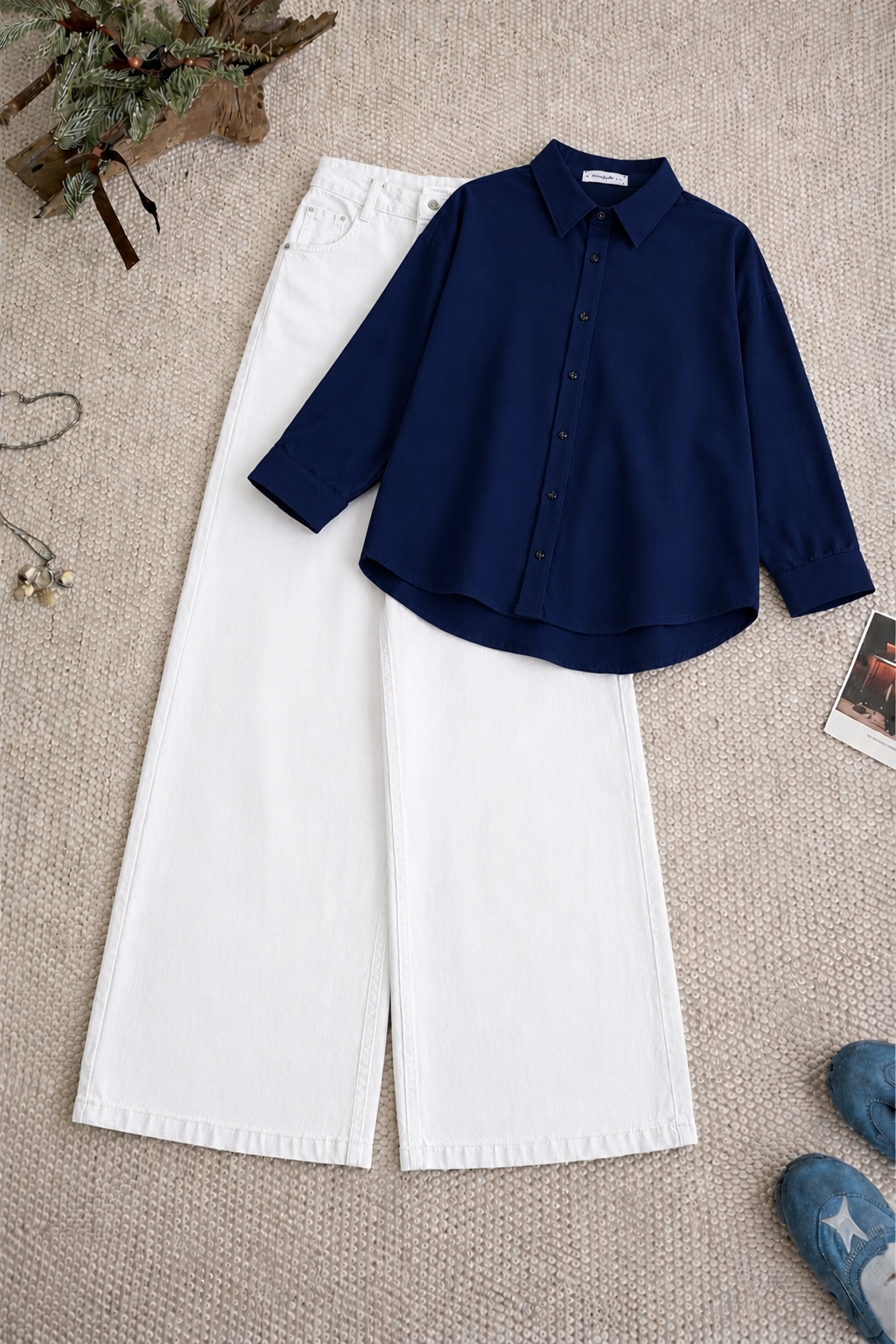 Navy Button Down Shirt & White Wide Leg Jeans