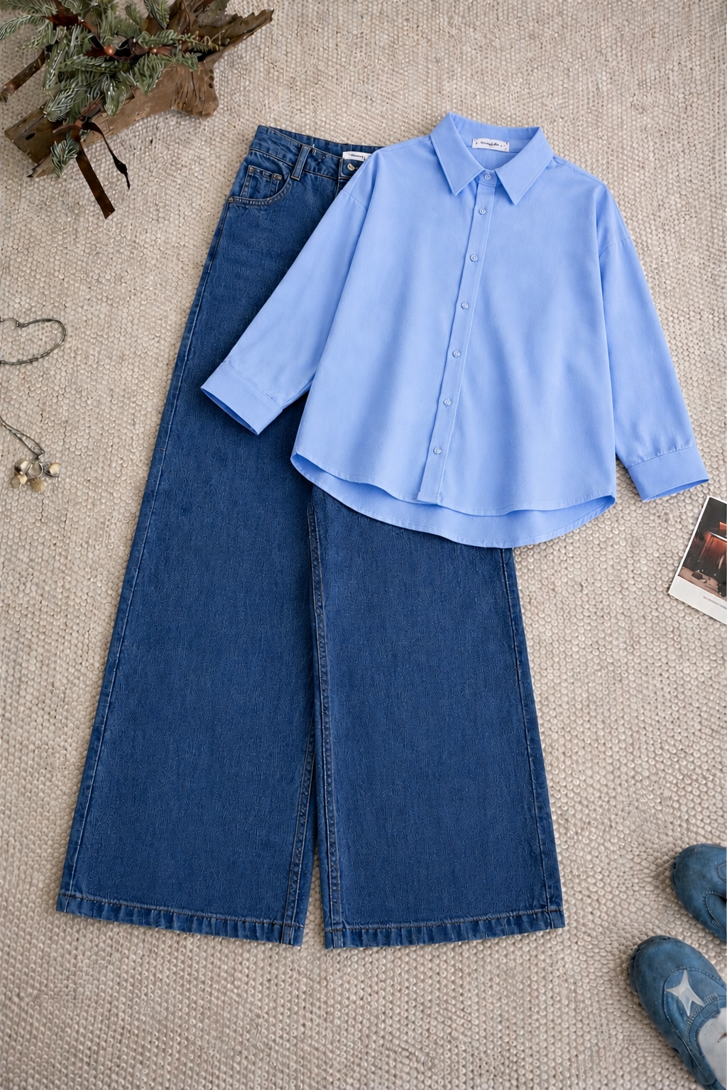 Sky-Blue Button Down Shirt & Mid-Blue Wide Leg Jeans