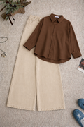Brown Button Down Shirt & Beige Wide Leg Jeans