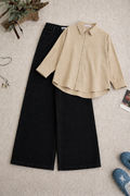 Beige Button Down Shirt & Black Wide Leg Jeans