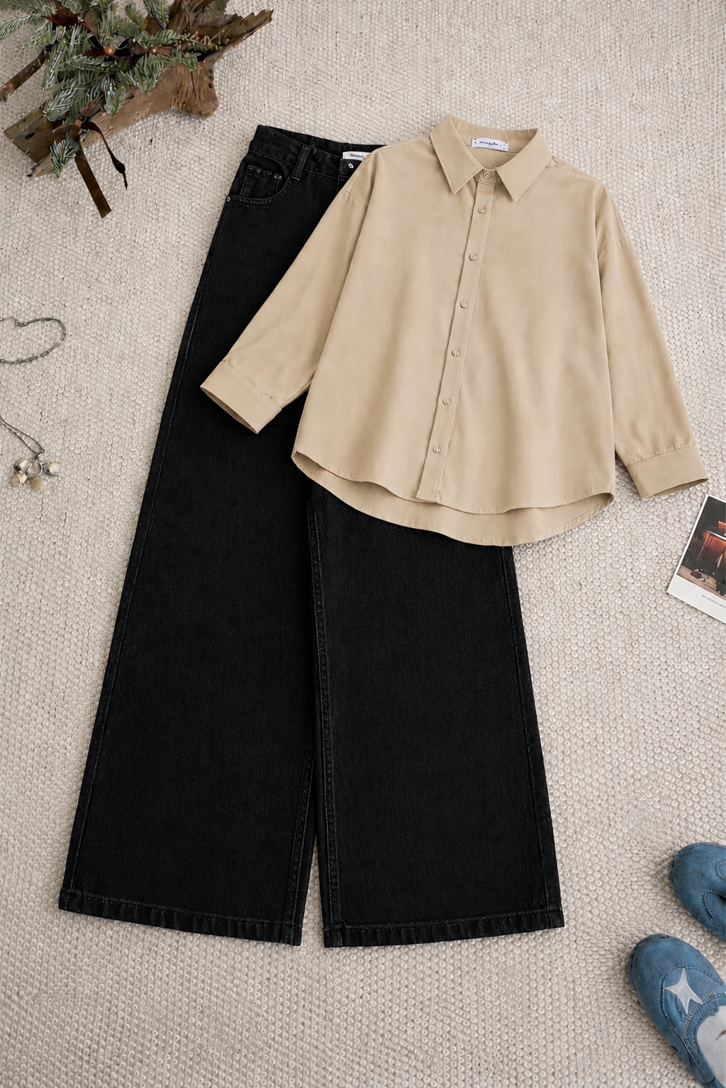 Beige Button Down Shirt & Black Wide Leg Jeans