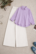 Lilac Button Down Shirt & White Wide Leg Jeans