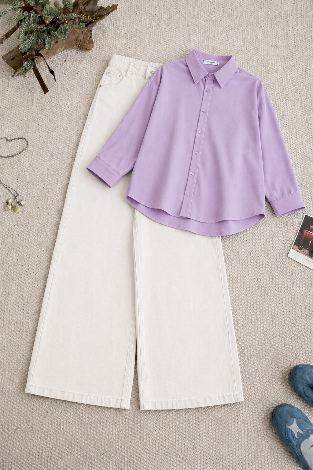 Lilac Button Down Shirt & White Wide Leg Jeans