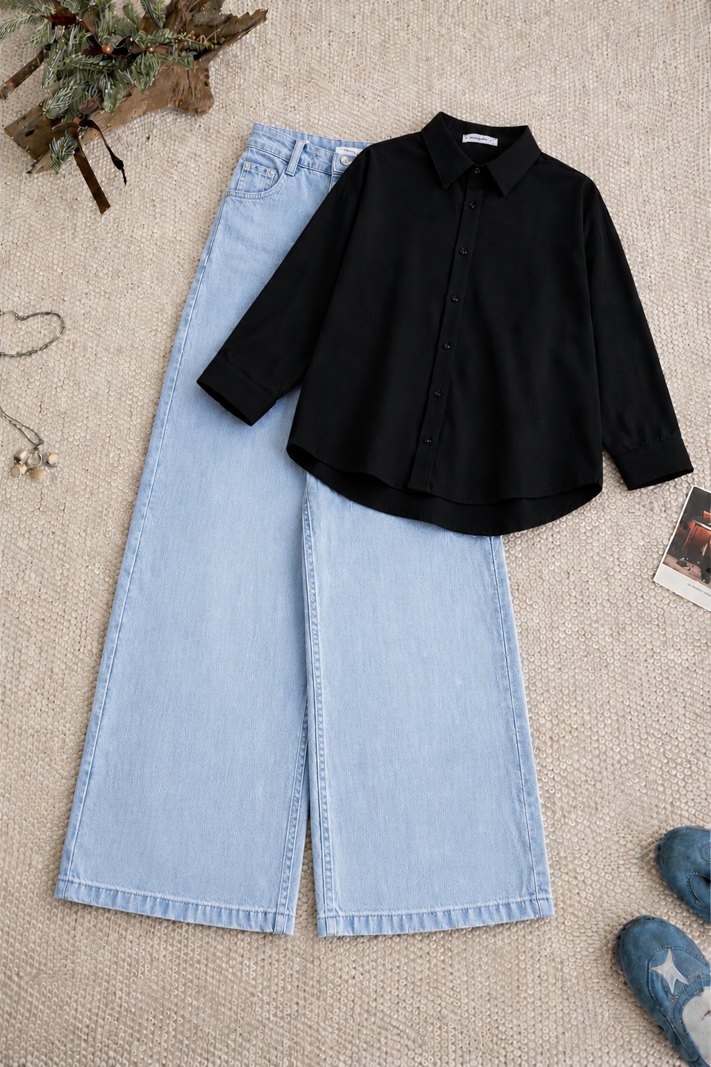 Black Button Down Shirt & Ice-Blue Wide Leg Jeans