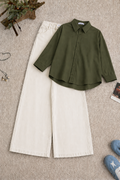 Olive Green Button Down Shirt & White Wide Leg Jeans