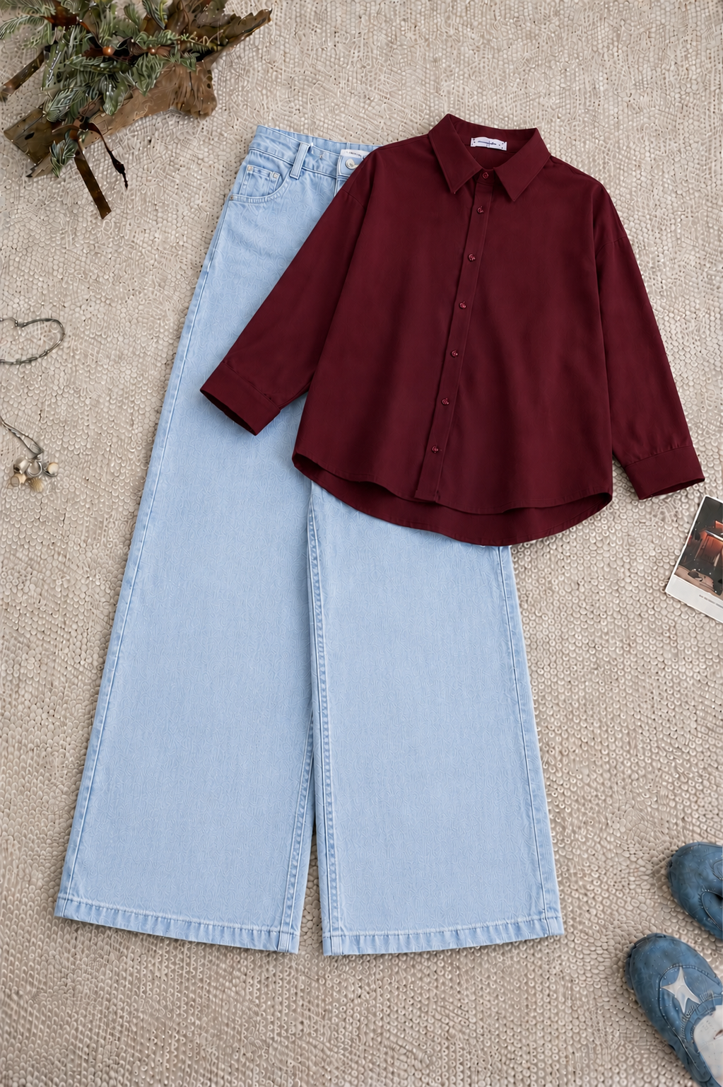 Maroon Button Down Shirt & Ice-Blue Wide Leg Jeans