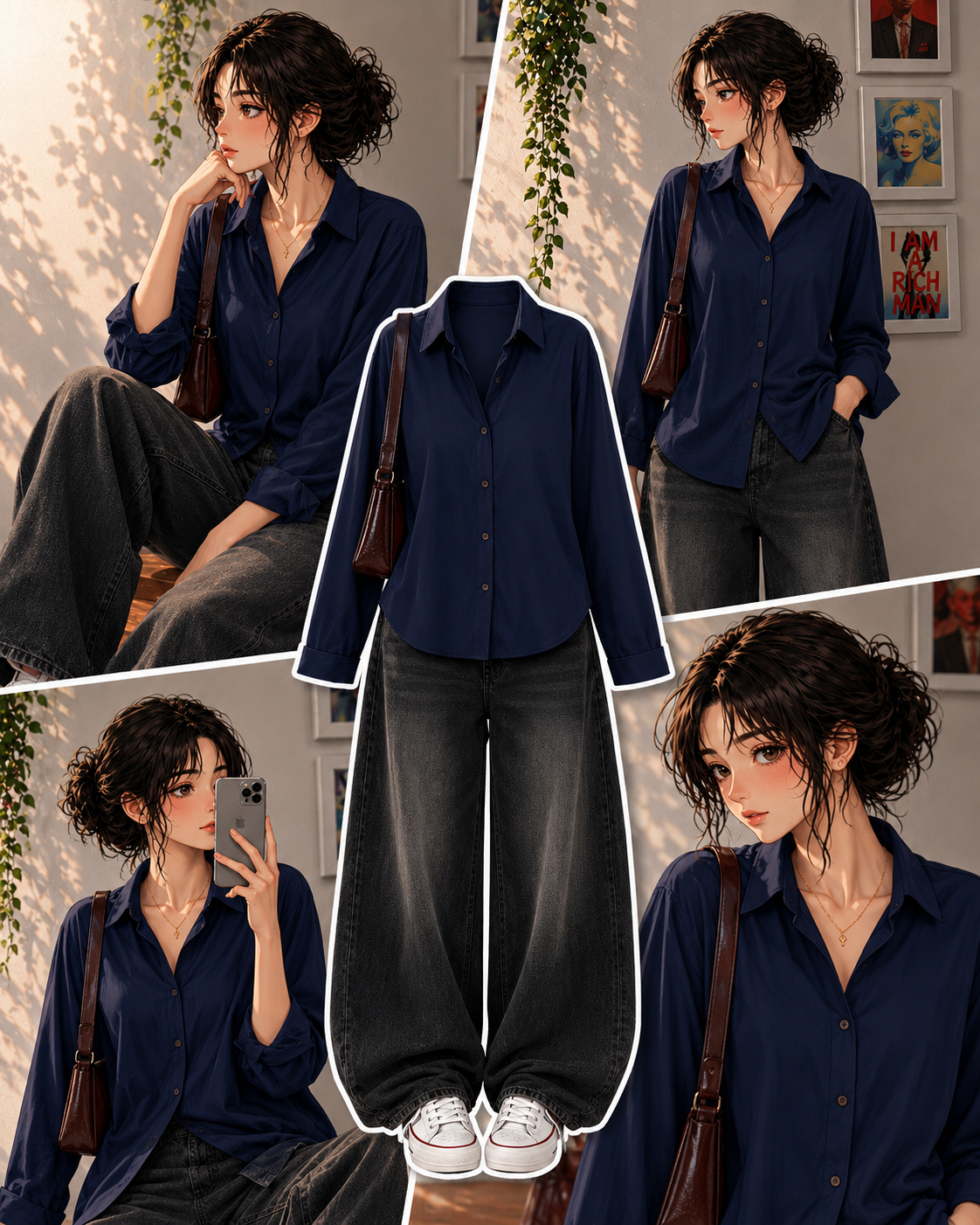 Navy-Blue Button Down Shirt & Faded Ice-Blue Baggy Jeans.1