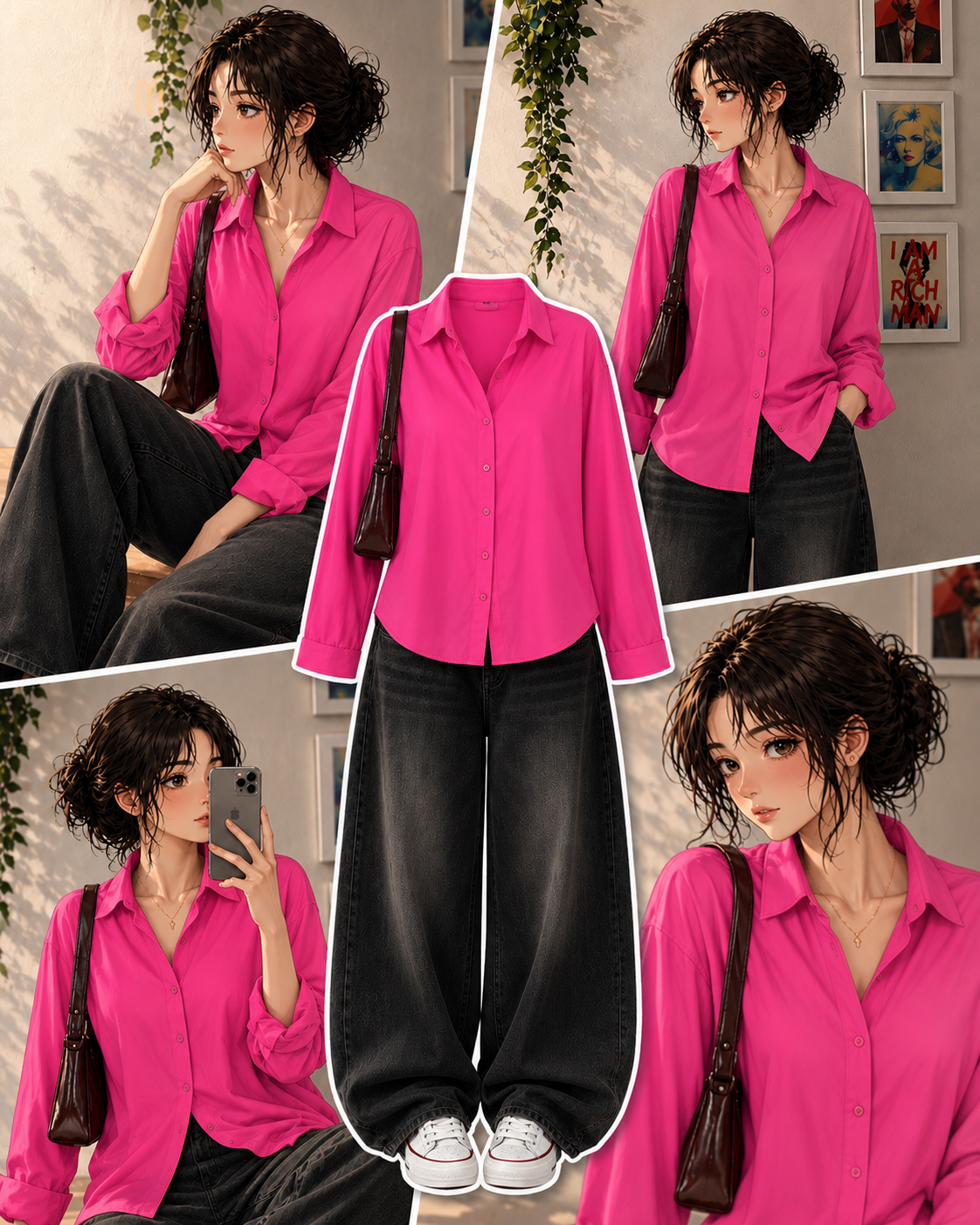 Hot-Pink Button Down Shirt & Faded Ice-Blue Baggy Jeans.1