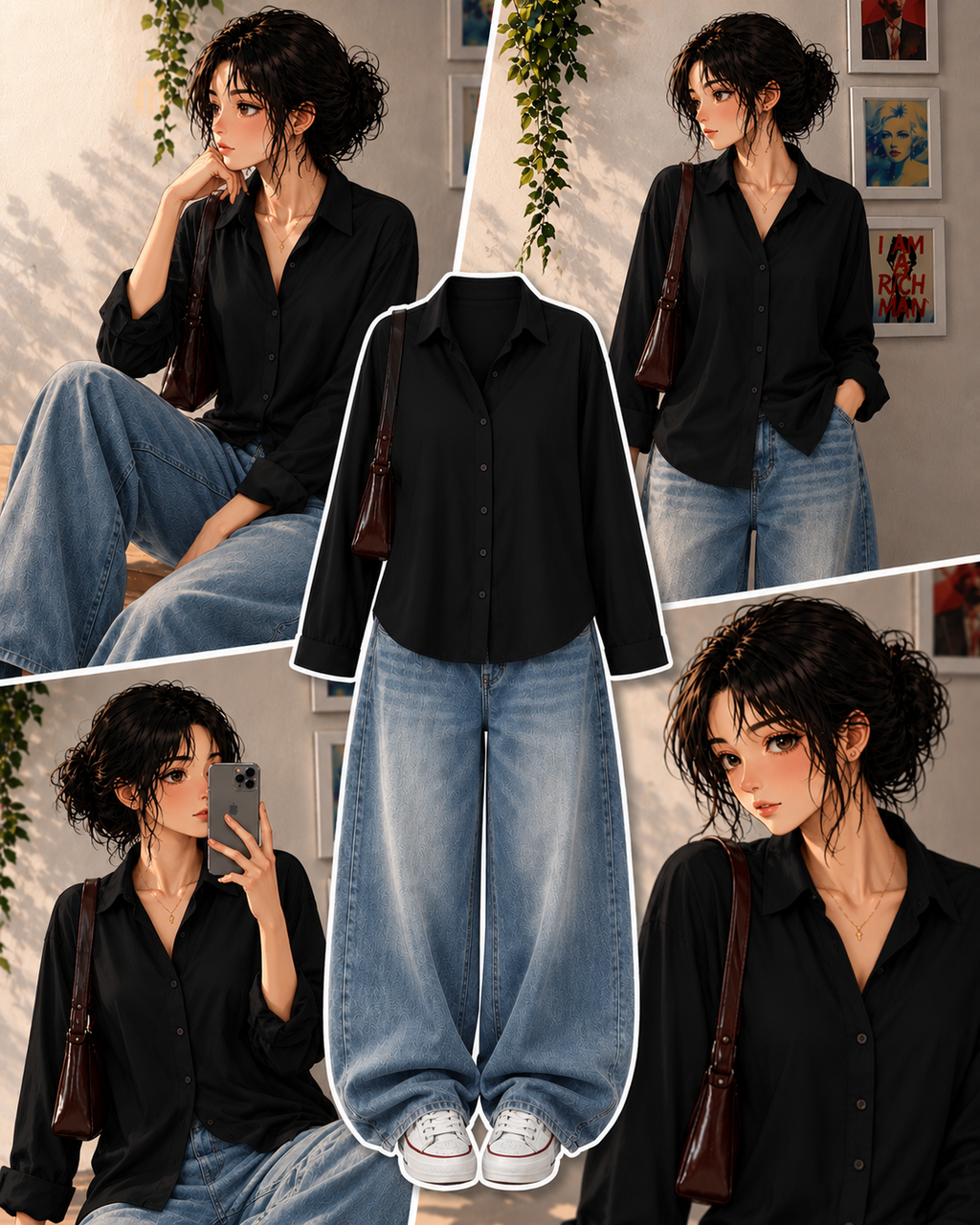 Black Button Down Shirt & Faded Ice-Blue Baggy Jeans