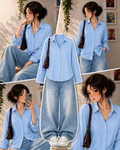 Sky-Blue Button Down Shirt & Faded Ice-Blue Baggy Jeans