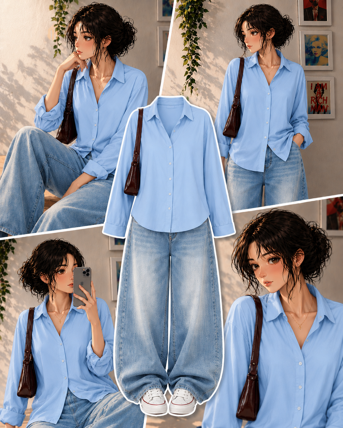 Sky-Blue Button Down Shirt & Faded Ice-Blue Baggy Jeans