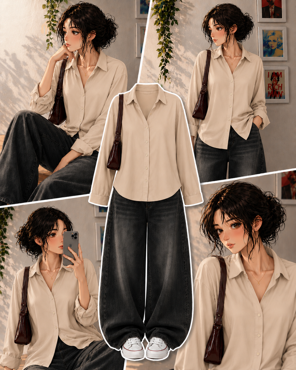 Beige Button Down Shirt & Faded Ice-Blue Baggy Jeans.1