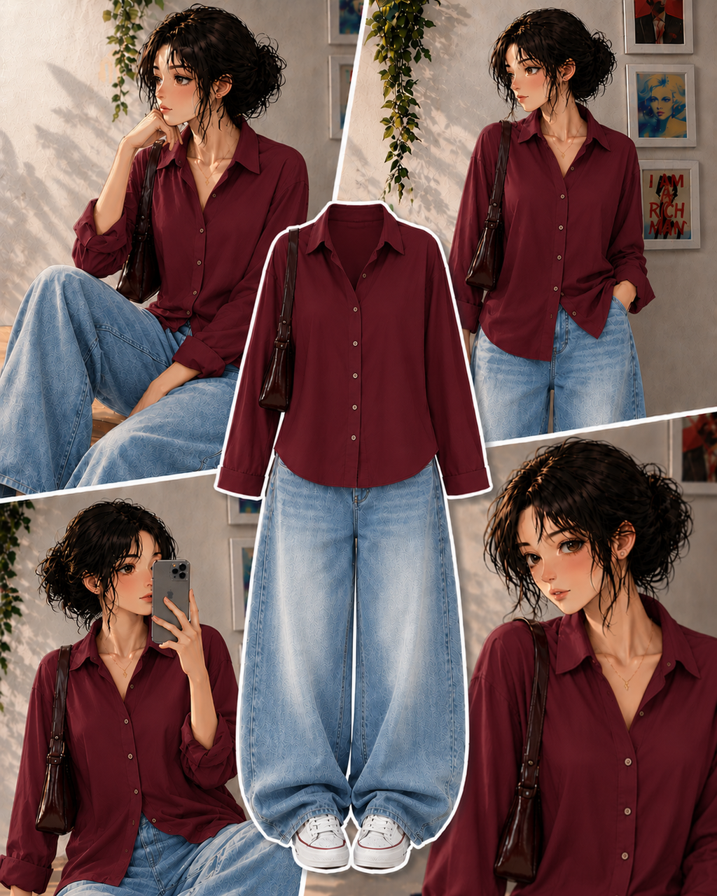 Maroon Button Down Shirt & Faded Ice-Blue Baggy Jeans