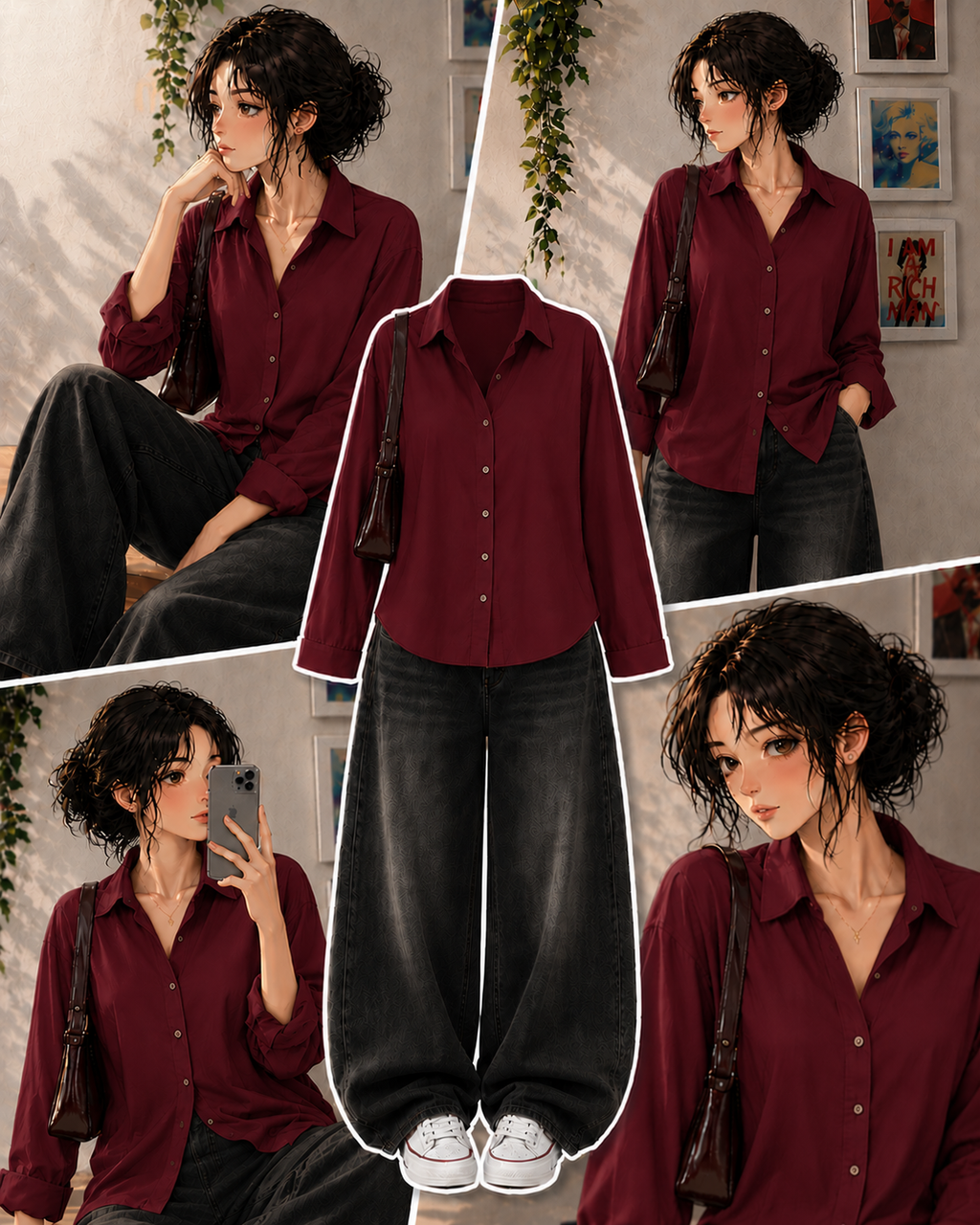 Maroon Button Down Shirt & Faded Ice-Blue Baggy Jeans.1