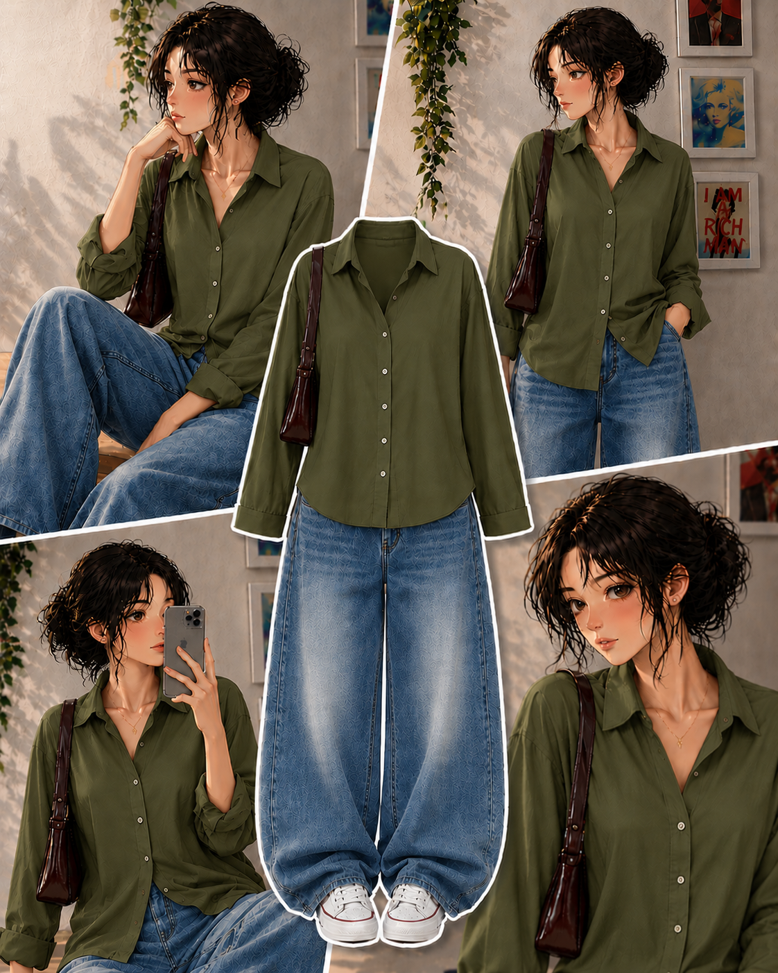 Olive-Green Button Down Shirt & Faded Ice-Blue Baggy Jeans