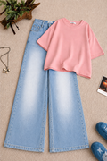 Baby Pink Baggy Drop Shoulder Tee & Ice-Blue Vintage Wash Wide Leg Jeans