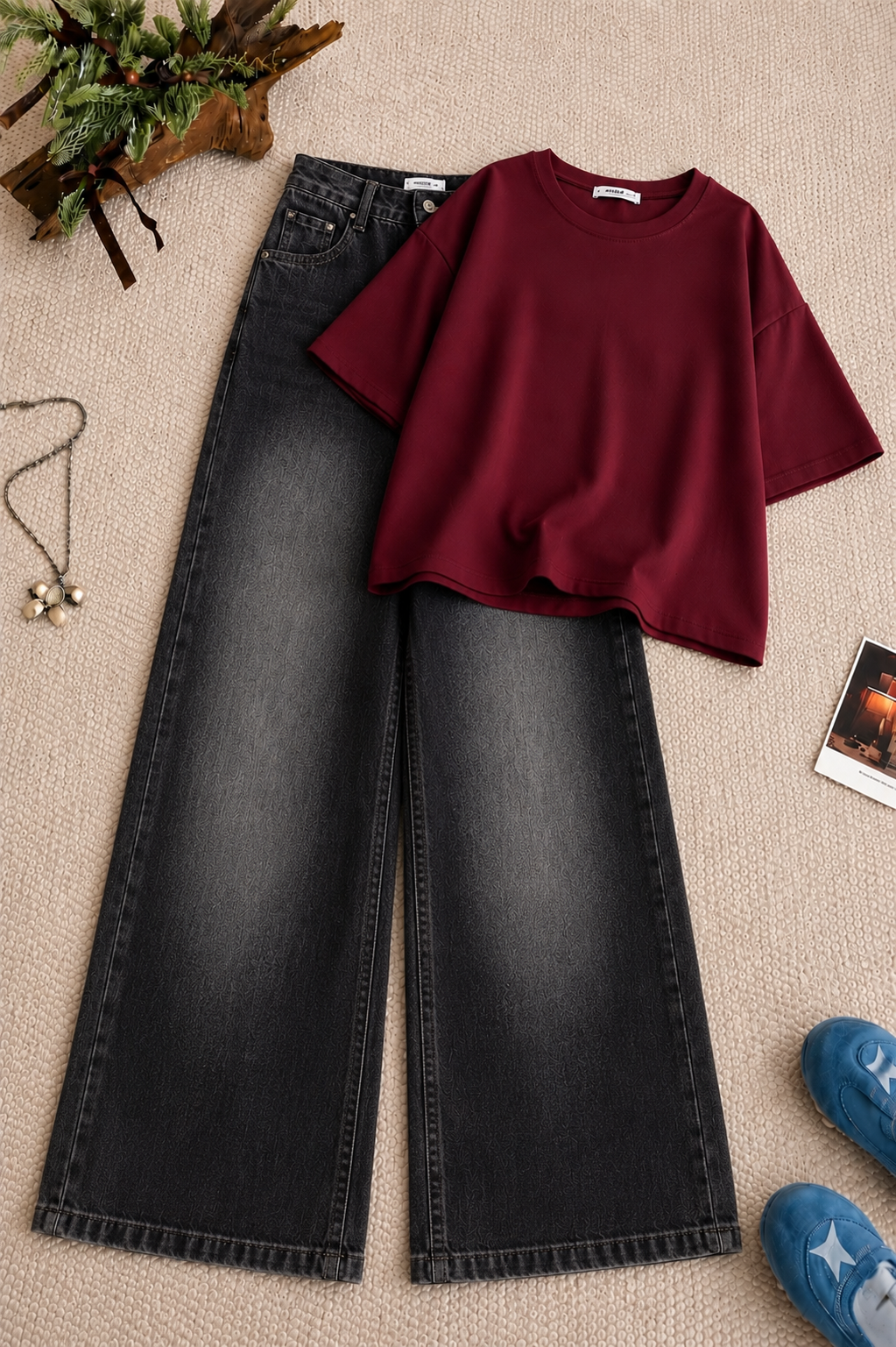 Maroon Baggy Drop Shoulder Tee & Greyish Vintage Wash Wide Leg Jeans