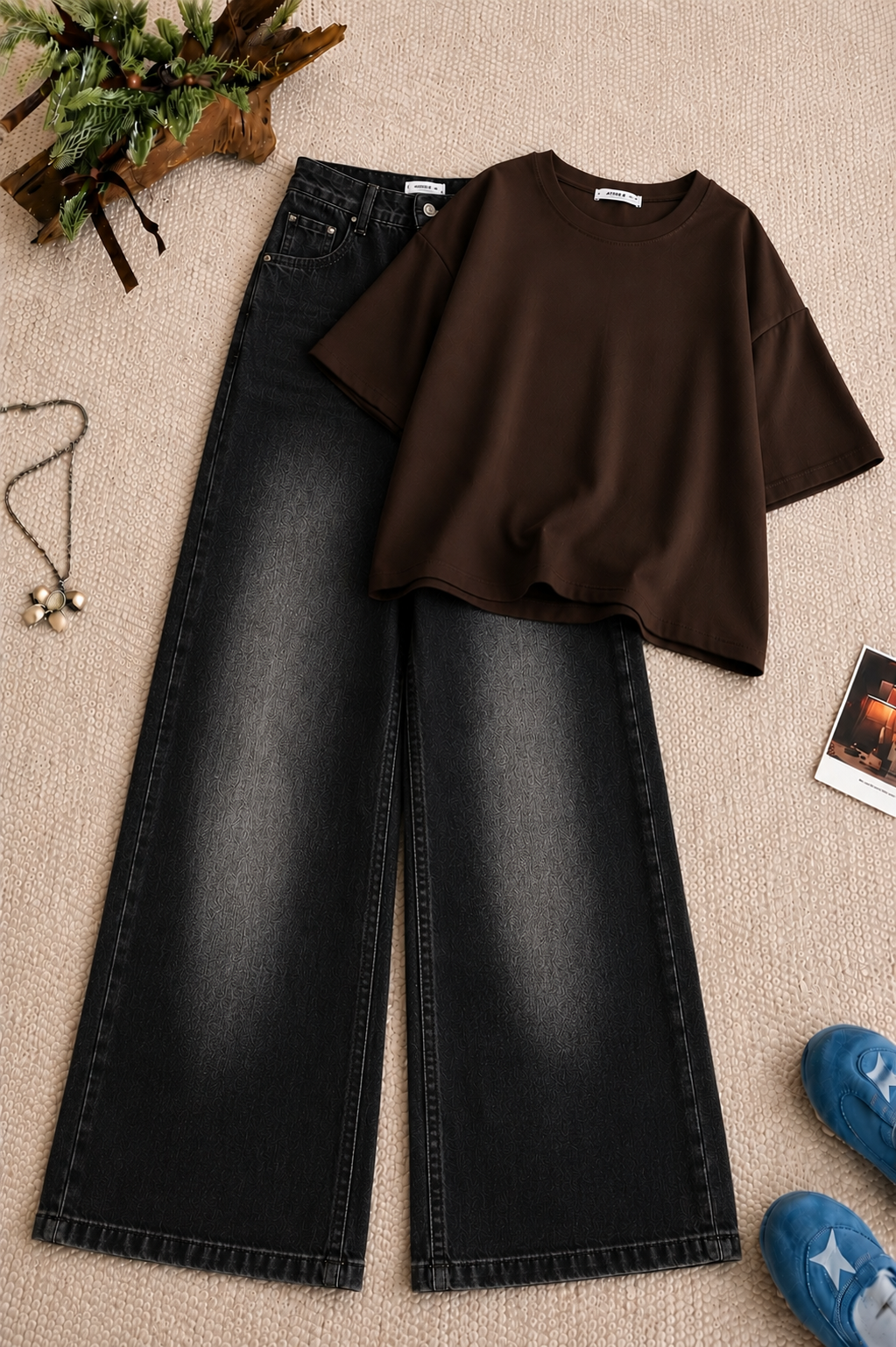 Brown Baggy Drop Shoulder Tee & Greyish Vintage Wash Wide Leg Jeans