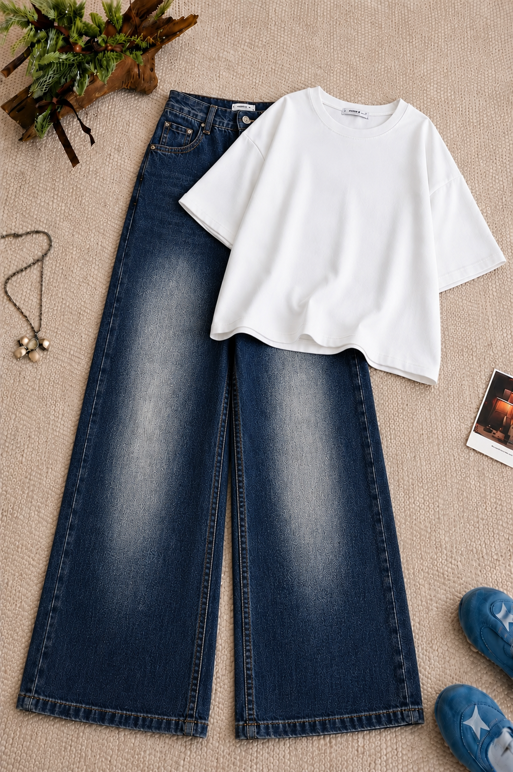 White Baggy Drop Shoulder Tee & Mid-Blue Vintage Wash Wide Leg Jeans