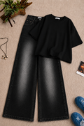 Black Baggy Drop Shoulder Tee & Greyish Vintage Wash Wide Leg Jeans