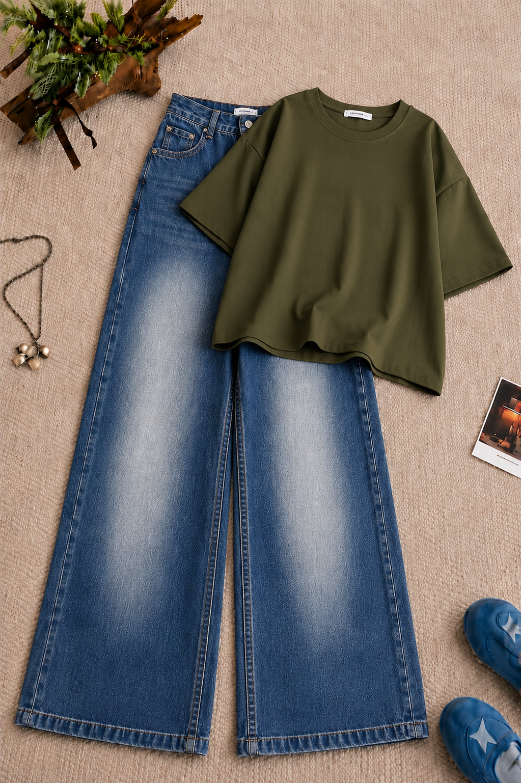 Olive-Green Baggy Drop Shoulder Tee & Mid-Blue Vintage Wash Wide Leg Jeans