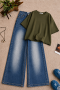 Olive-Green Baggy Drop Shoulder Tee & Mid-Blue Vintage Wash Wide Leg Jeans