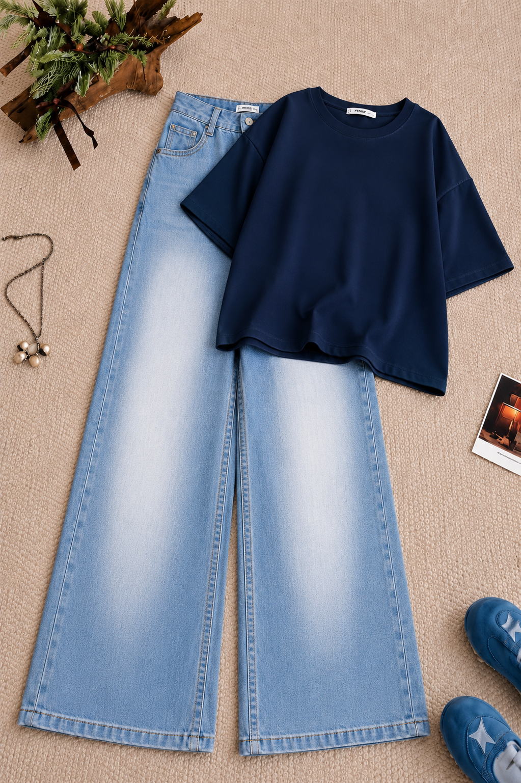 Navy-Blue Baggy Drop Shoulder Tee & Ice-Blue Vintage Wash Wide Leg Jeans