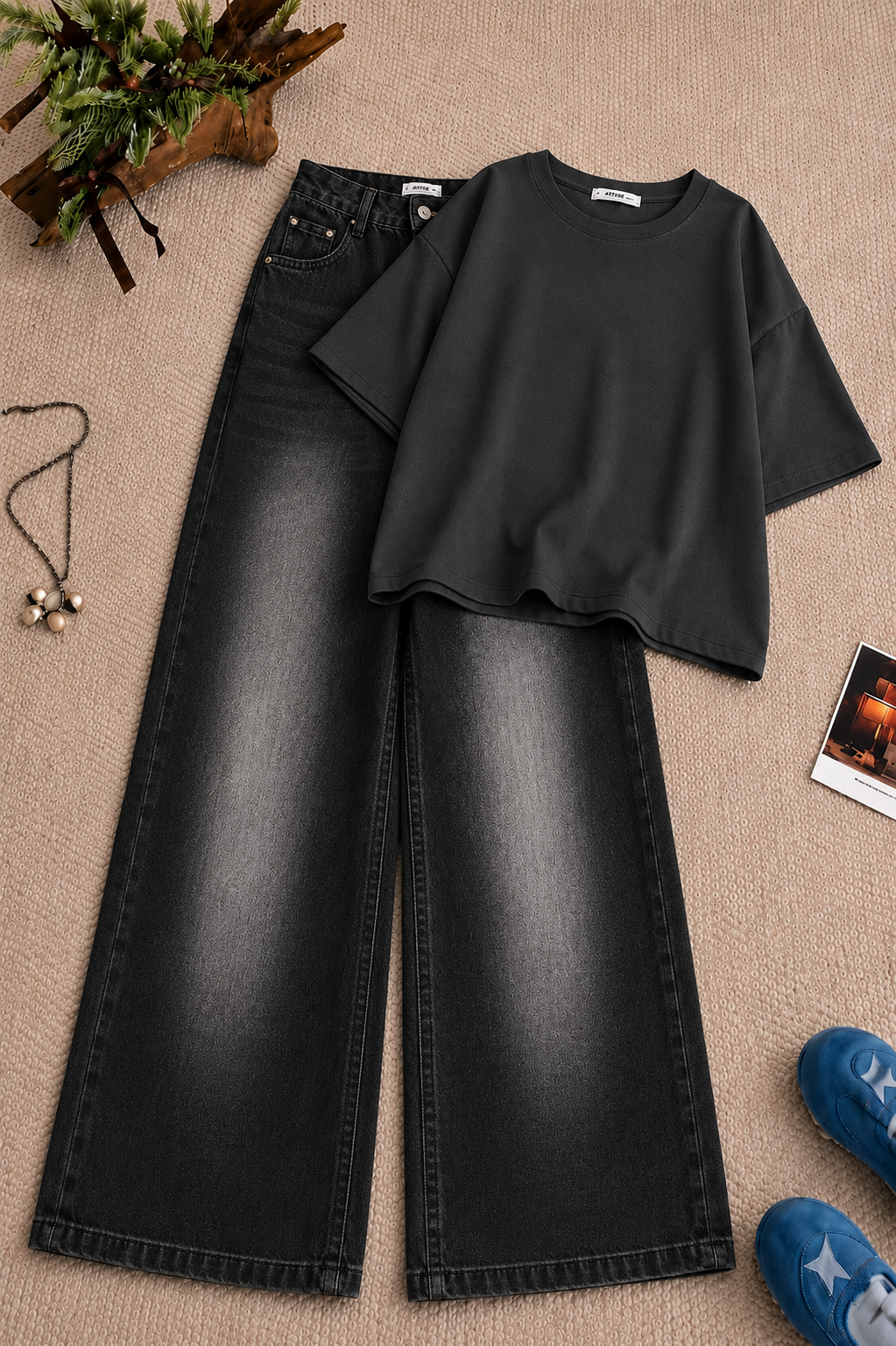 Charcoal Baggy Drop Shoulder Tee & Greyish Vintage Wash Wide Leg Jeans