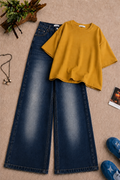 Yellow Baggy Drop Shoulder Tee & Mid-Blue Vintage Wash Wide Leg Jeans