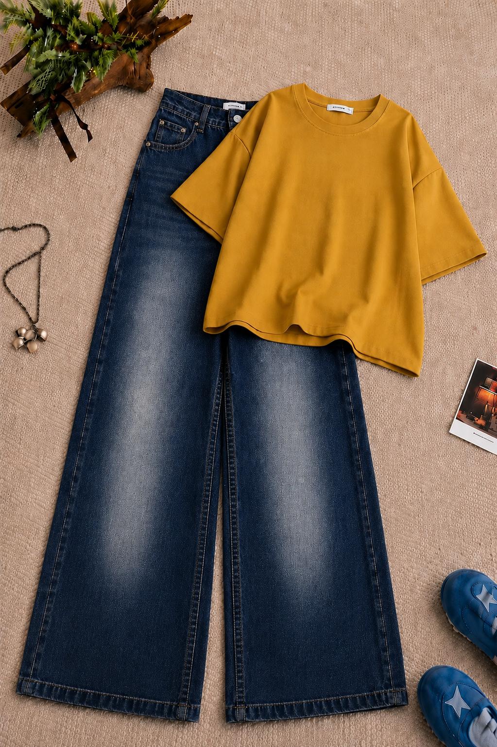 Yellow Baggy Drop Shoulder Tee & Mid-Blue Vintage Wash Wide Leg Jeans