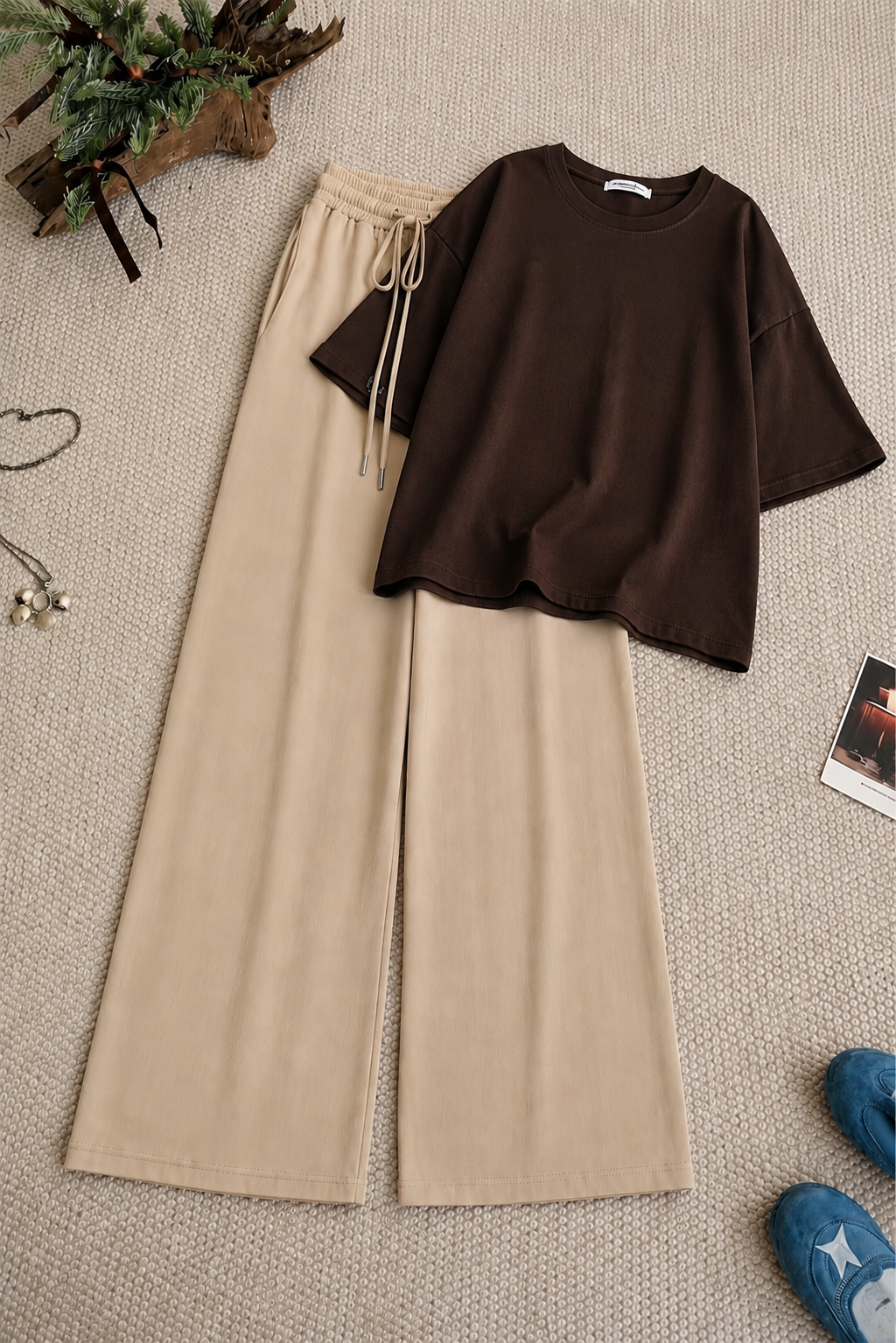 Brown Baggy Drop Shoulder Tee & Beige Flapper Trouser