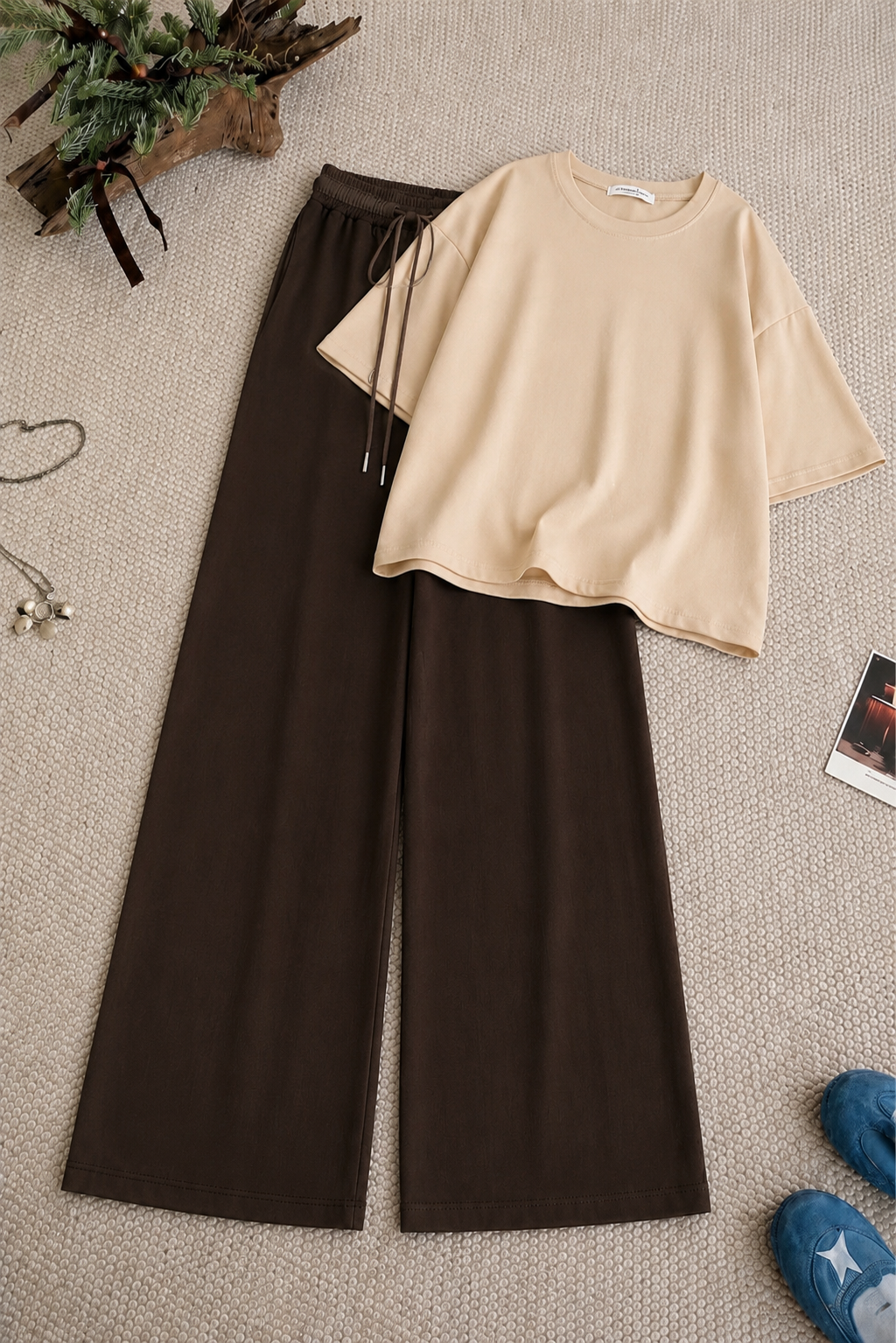 Beige Baggy Drop Shoulder Tee & Brown Flapper Trouser