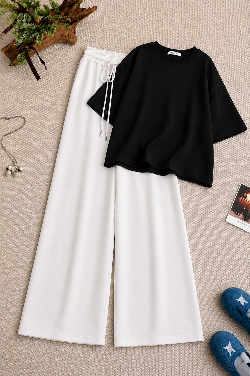 Black Baggy Drop Shoulder Tee & White Flapper Trouser