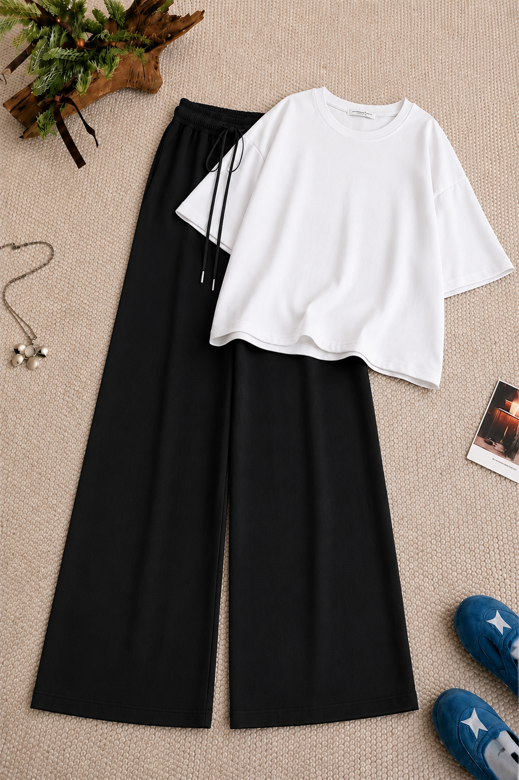 White Baggy Drop Shoulder Tee & Black Flapper Trouser