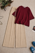 Maroon Baggy Drop Shoulder Tee & Beige Flapper Trouser