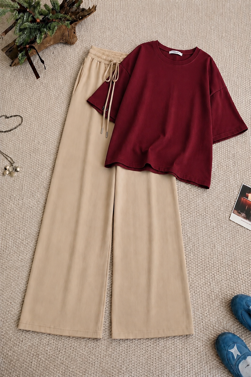 Maroon Baggy Drop Shoulder Tee & Beige Flapper Trouser